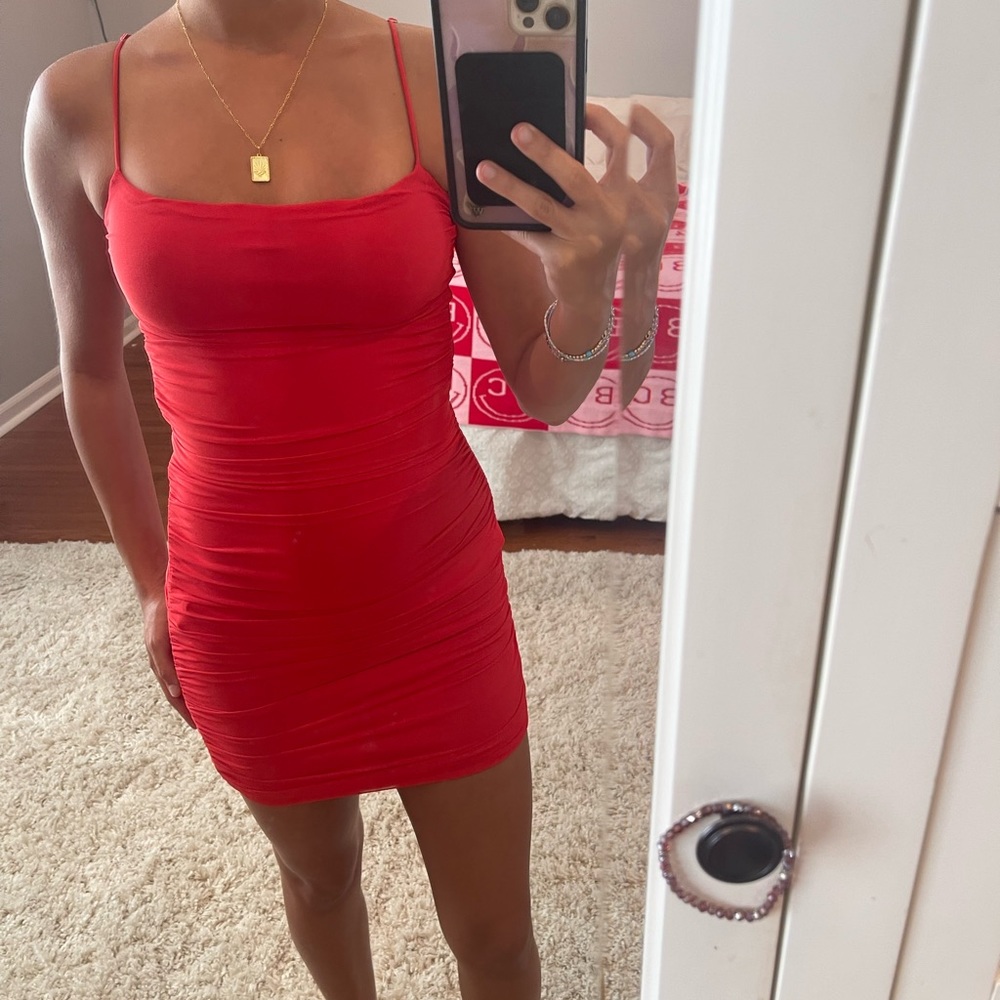 Red mesh mini dress